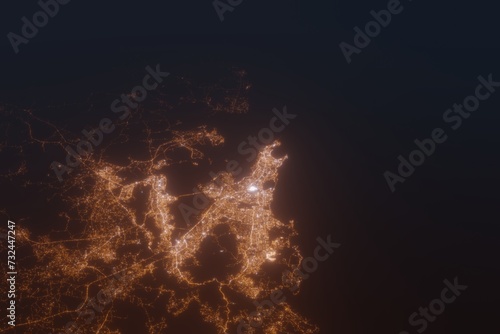Aerial shot of Mumbai (India) at night, view from north. Imitation of satellite view on modern city with street lights and glow effect. 3d render