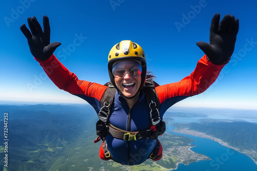 A breathtaking view of a fearless woman skydiver in free fall, arms spread wide against the backdrop of a clear blue sky