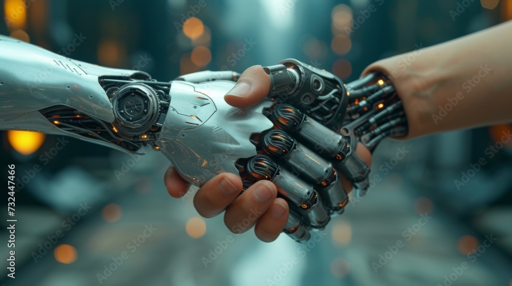 In a groundbreaking moment, a human and robot seal their partnership with a firm handshake, symbolizing trust and cooperation in the age of AI. In a groundbreaking moment, a human and robot seal their partnership with a firm handshake, symbolizing trust and cooperation in the age of AI.