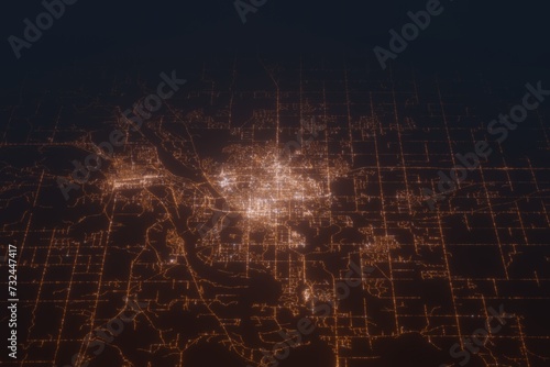 Aerial shot of Bismarck (North Dakota, USA) at night, view from south. Imitation of satellite view on modern city with street lights and glow effect. 3d render