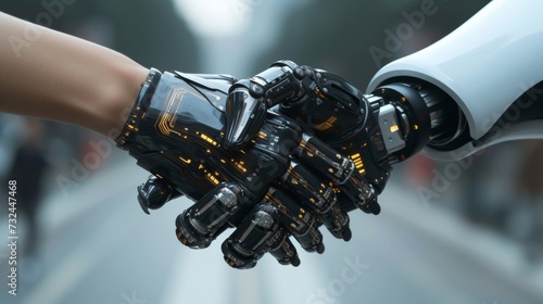 The fusion of human and AI through a handshake represents a united front for technological progress and mutual success.