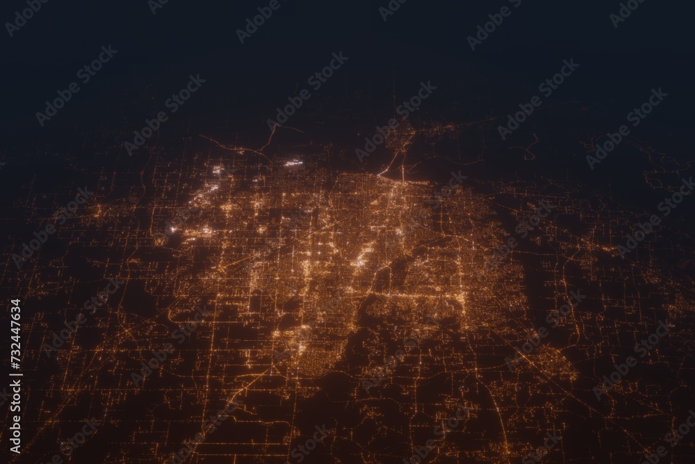 Aerial shot on Memphis (Tennessee, USA) at night, view from east. Imitation of satellite view on modern city with street lights and glow effect. 3d render - obrazy, fototapety, plakaty 