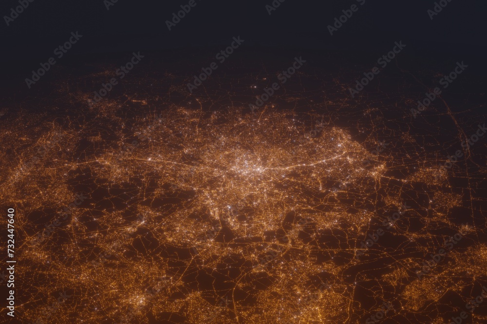 Aerial shot of Leeds (England, UK) at night, view from south. Imitation of satellite view on modern city with street lights and glow effect. 3d render - obrazy, fototapety, plakaty 