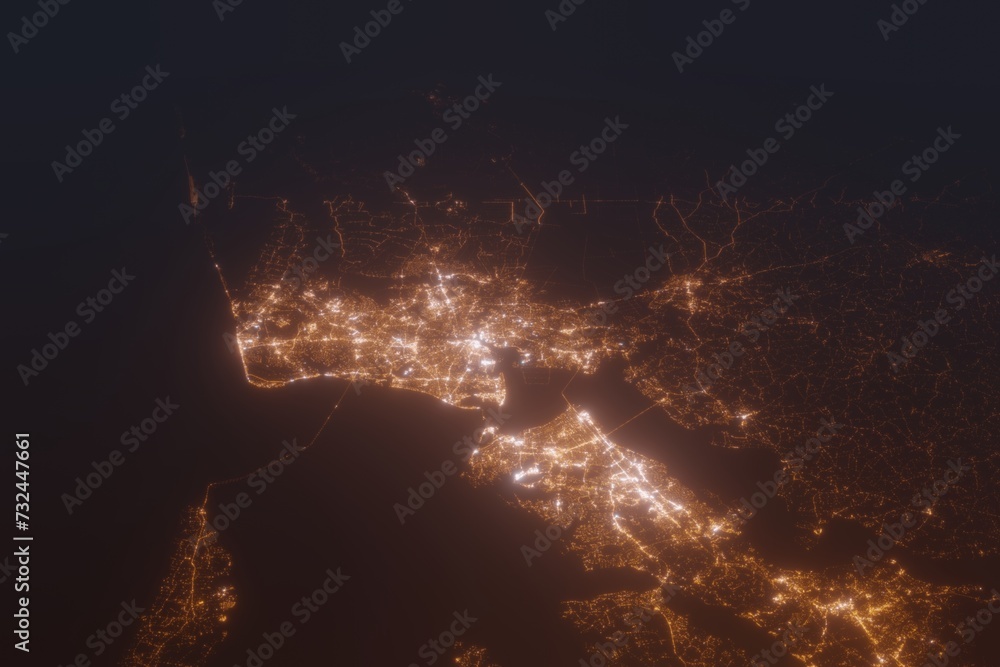 Aerial shot of Norfolk, Virginia Beach and Newport News (USA) at night, view from north. Imitation of satellite view on modern city with street lights and glow effect. 3d render Aerial shot of Norfolk, Virginia Beach and Newport News (USA) at night, view from north. Imitation of satellite view on modern city with street lights and glow effect. 3d render
