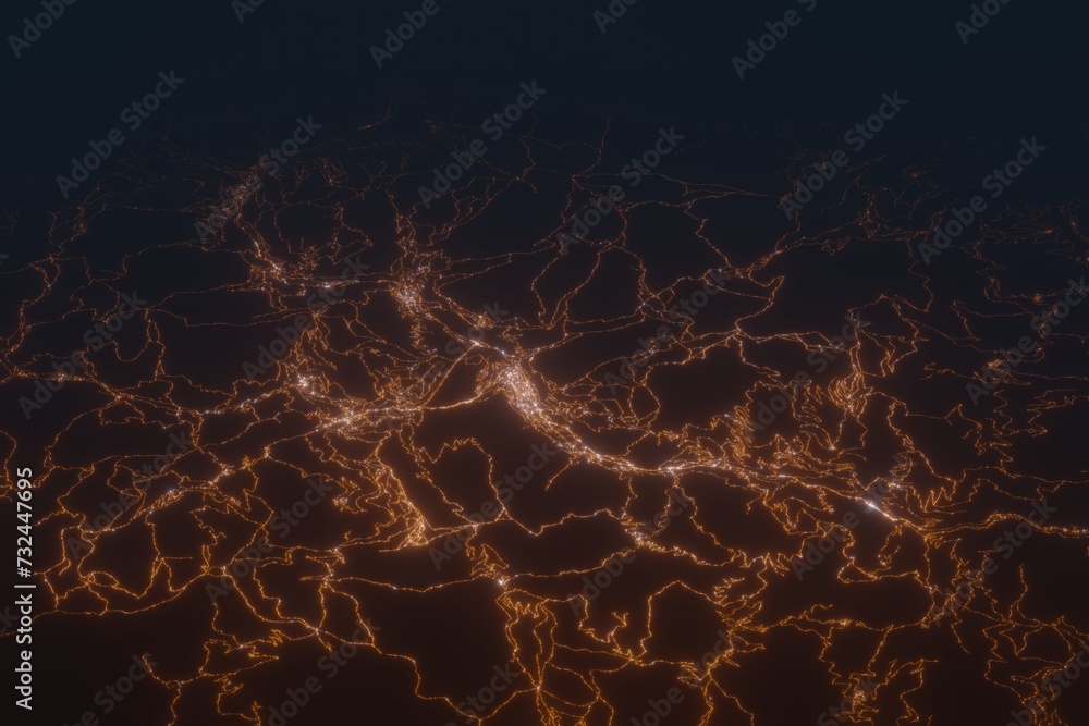 Aerial shot on Andorra La Vella at night, view from west. Imitation of satellite view on modern city with street lights and glow effect. 3d render - obrazy, fototapety, plakaty 