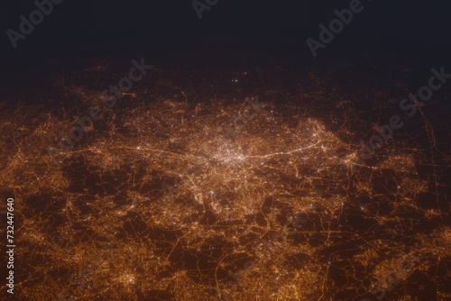 Aerial shot of Leeds (England, UK) at night, view from south. Imitation of satellite view on modern city with street lights and glow effect. 3d render photo