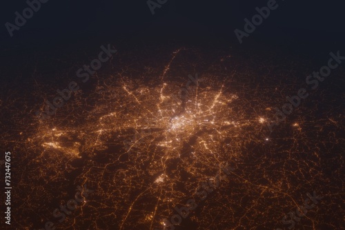 Aerial shot on Richmond (Virginia, USA) at night, view from east. Imitation of satellite view on modern city with street lights and glow effect. 3d render