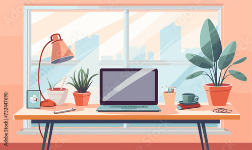 home office workspace, computer table with laptop, vector illustration -