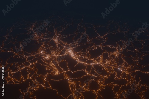 Aerial shot on Andorra La Vella at night, view from west. Imitation of satellite view on modern city with street lights and glow effect. 3d render photo