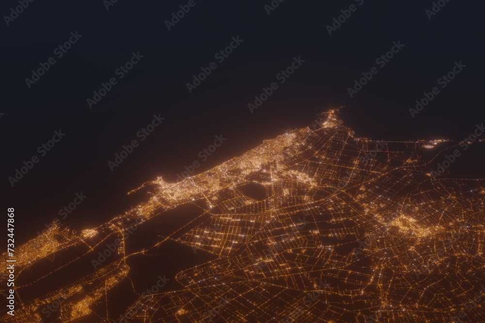Aerial shot of Alexandria (Egypt) at night, view from south. Imitation of satellite view on modern city with street lights and glow effect. 3d render - obrazy, fototapety, plakaty 