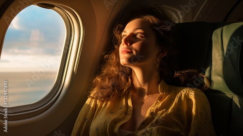 Portrait of a beautiful young woman while flying in airplane and looking to the window with view to the sky and sun while sunset