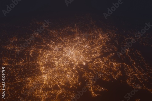 Aerial shot on Turku (Finland) at night, view from west. Imitation of satellite view on modern city with street lights and glow effect. 3d render