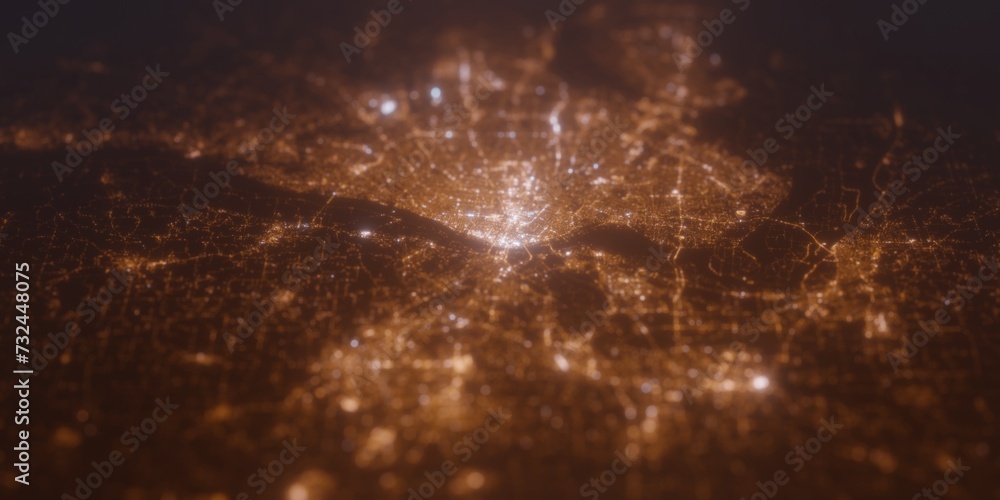 Street lights map of St Louis (Missouri, USA) with tilt-shift effect, view from east. Imitation of macro shot with blurred background. 3d render, selective focus - obrazy, fototapety, plakaty 