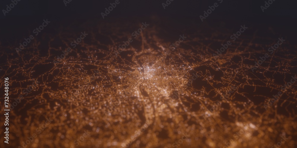 Obraz premium Street lights map of Manchester (New Hampshire, USA) with tilt-shift effect, view from south. Imitation of macro shot with blurred background. 3d render, selective focus