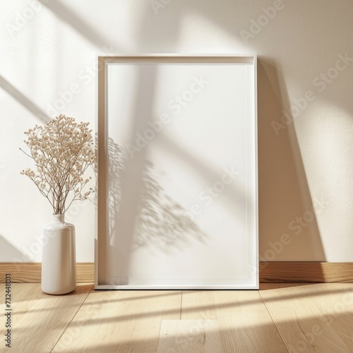 Minimalist Beige and White Poster Frame Mockup on Wooden Floor with Sunlit Wall