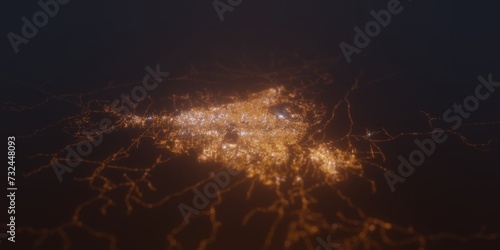Street lights map of Juba (South Sudan) with tilt-shift effect, view from south. Imitation of macro shot with blurred background. 3d render, selective focus