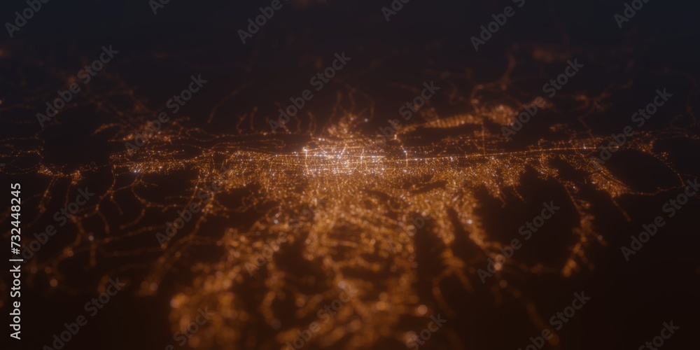 Street lights map of Ulanbaatar (Mongolia) with tilt-shift effect, view from north. Imitation of macro shot with blurred background. 3d render, selective focus
