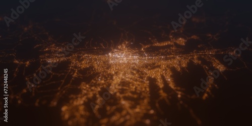 Street lights map of Ulanbaatar (Mongolia) with tilt-shift effect, view from north. Imitation of macro shot with blurred background. 3d render, selective focus