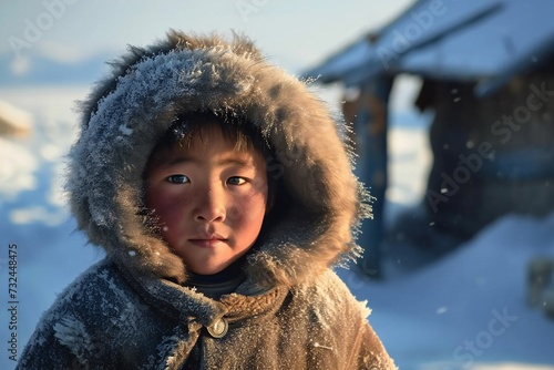 A young Mongolian boy wearing a parka during the cold winter.