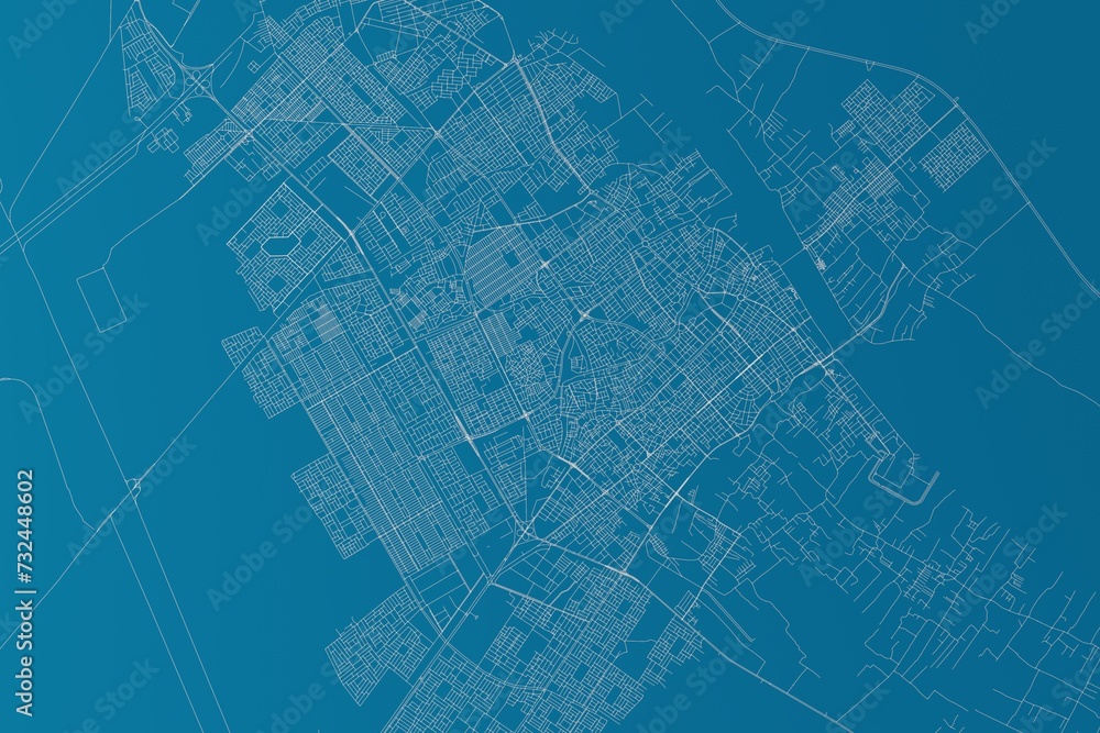 Map of the streets of Basra (Iraq) made with white lines on blue background. 3d render, illustration