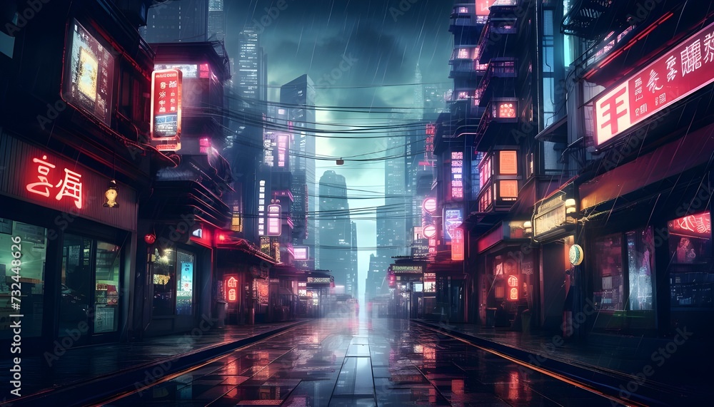 
Night scene of after rain city in cyberpunk style, futuristic nostalgic 80s, 90s. Neon lights vibrant colors, photorealistic horizontal illustration.