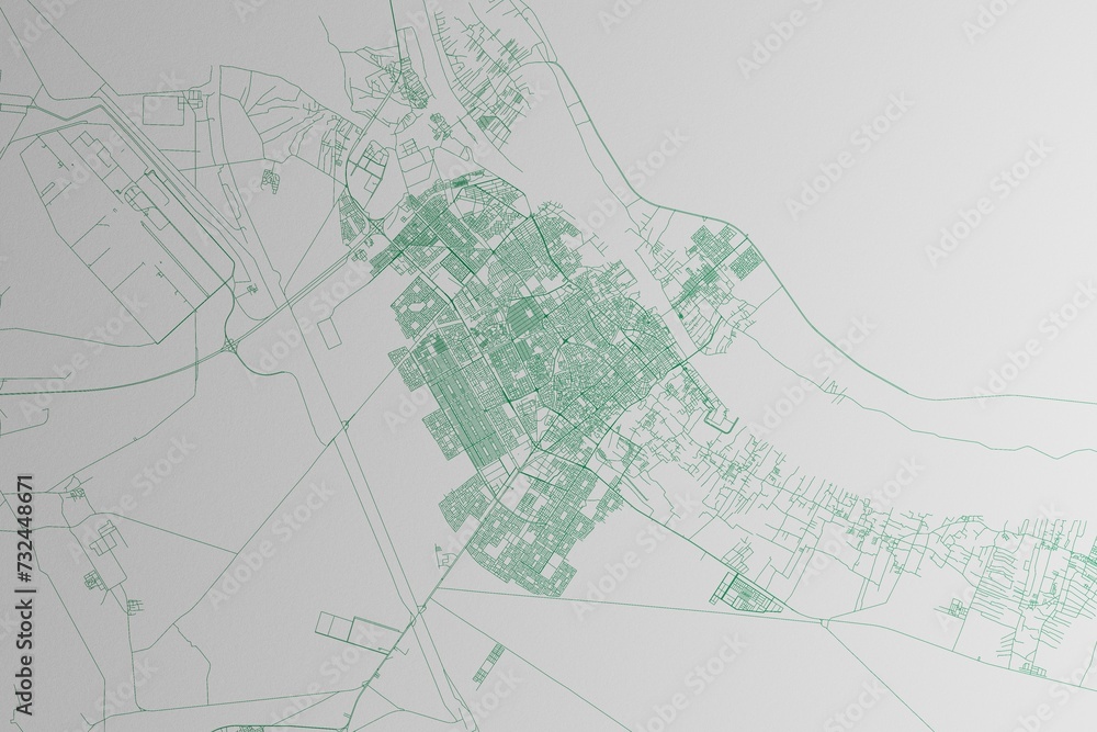 Map of the streets of Basra (Iraq) made with green lines on white paper. 3d render, illustration