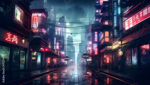  Night scene of after rain city in cyberpunk style, futuristic nostalgic 80s, 90s. Neon lights vibrant colors, photorealistic horizontal illustration. © Kaini