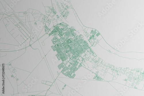 Map of the streets of Basra (Iraq) made with green lines on white paper. 3d render, illustration