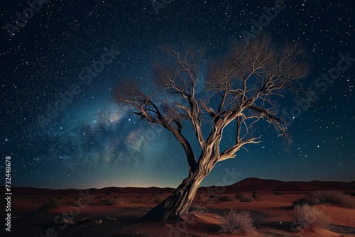 Dry tree in the middle of the vast desert during the chilly night.