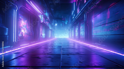A cyberpunk-inspired alley, bathed in neon lights of blue and purple, reflecting an urban night atmosphere of mystery and technology.
