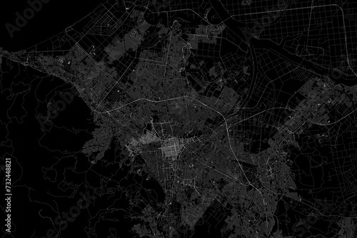 Stylized map of the streets of Sapporo (Japan) made with white lines on black background. Top view. 3d render, illustration