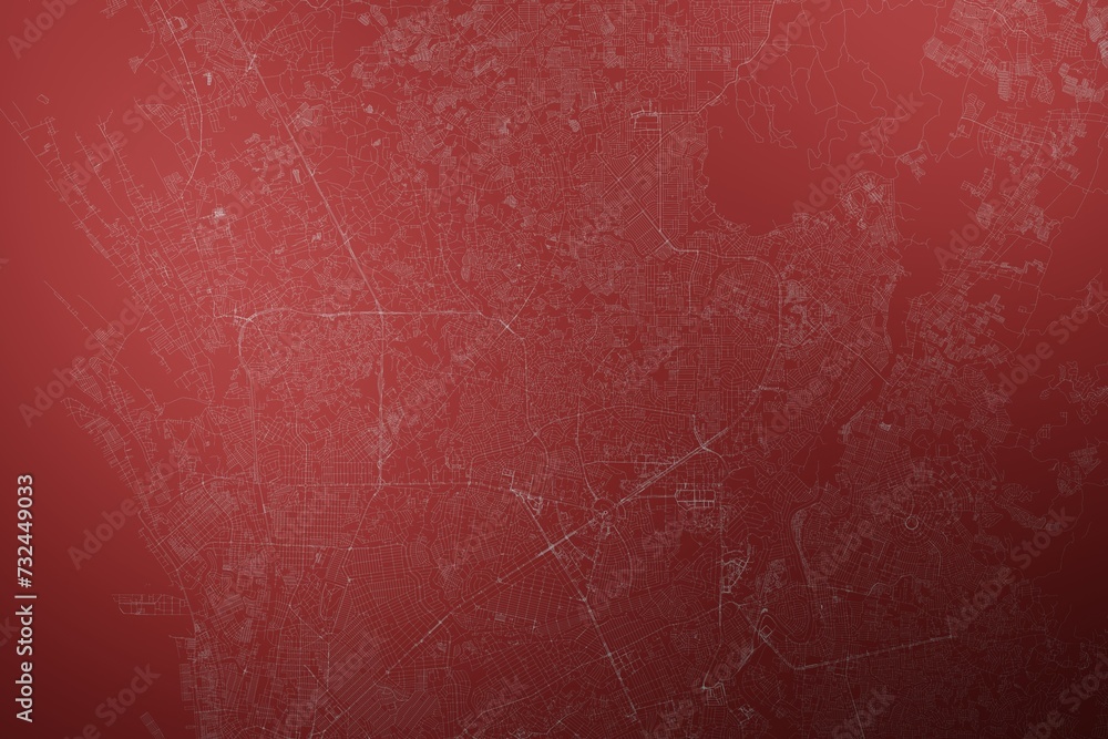 Map of the streets of Quezon City (Philippines) made with white lines on abstract red background lit by two lights. Top view. 3d render, illustration