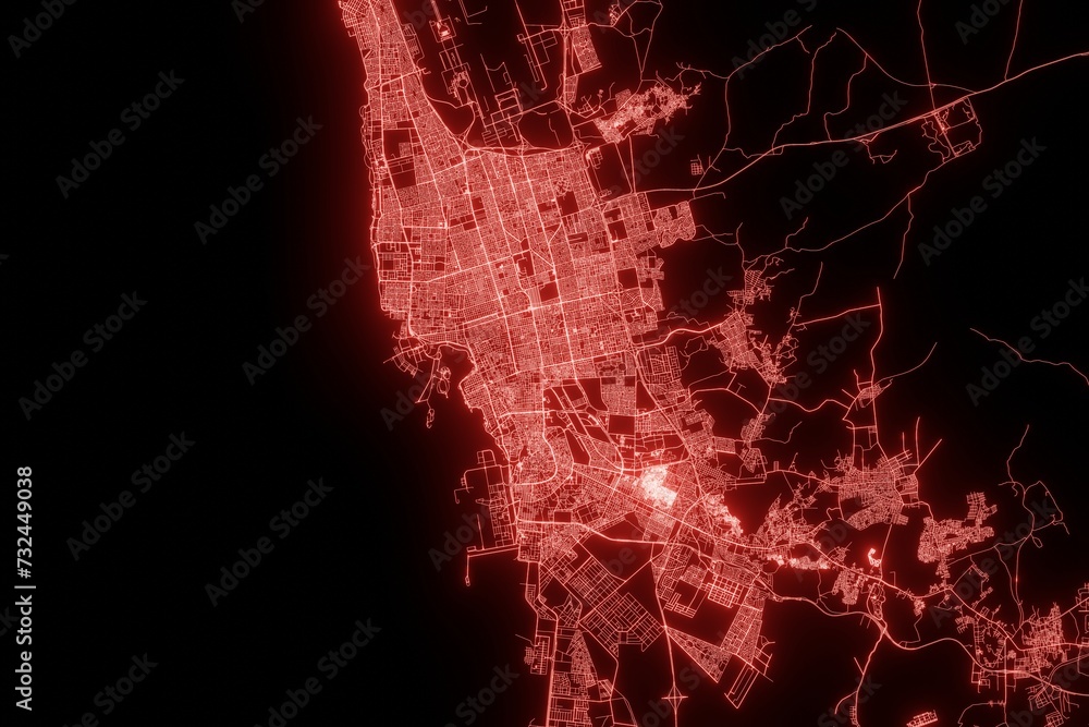 Street map of Jeddah (Saudi Arabia) made with red illumination and glow effect. Top view on roads network. 3d render, illustration - obrazy, fototapety, plakaty 