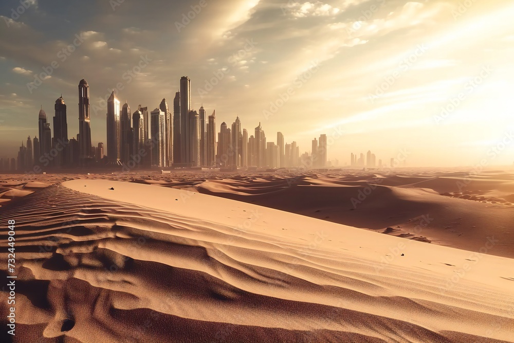 Deserted megapolis, with sand all around it, stretches endlessly.