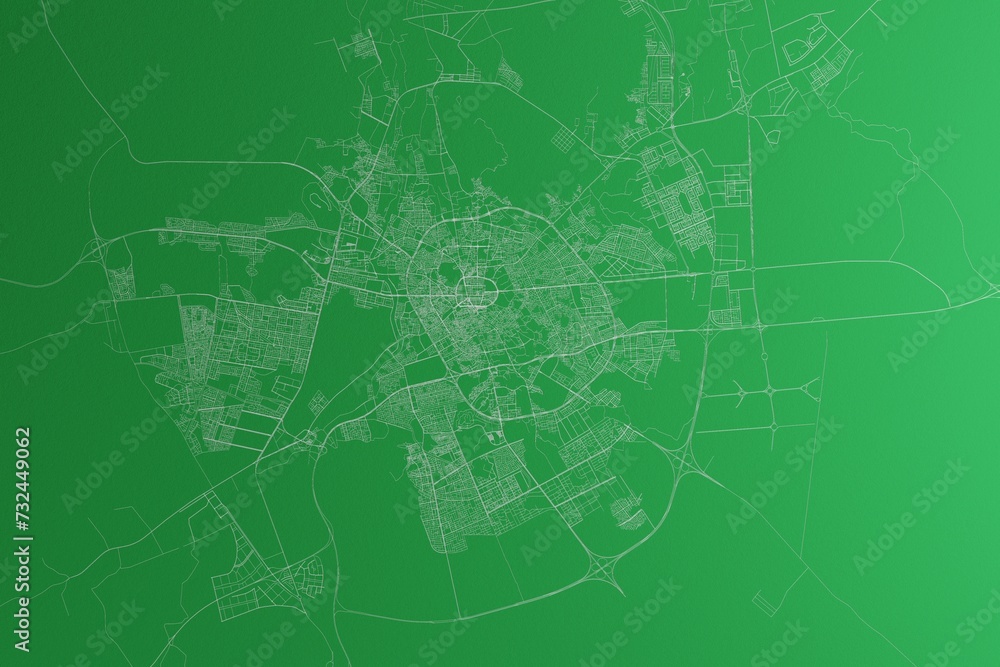 Map of the streets of Medina (Saudi Arabia) made with white lines on green paper. Rough background. 3d render, illustration
