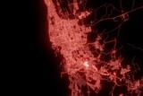 Street map of Jeddah (Saudi Arabia) made with red illumination and glow effect. Top view on roads network. 3d render, illustration