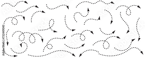 Set of black dotted arrows in doodle style. Broken arrows in the form of a loop. Flow direction. Pointers to the wire, up, down. Curved line. Zigzag arrow stripes design with dotted lines.