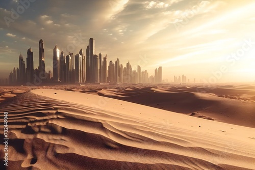 Deserted megapolis, with sand all around it, stretches endlessly.