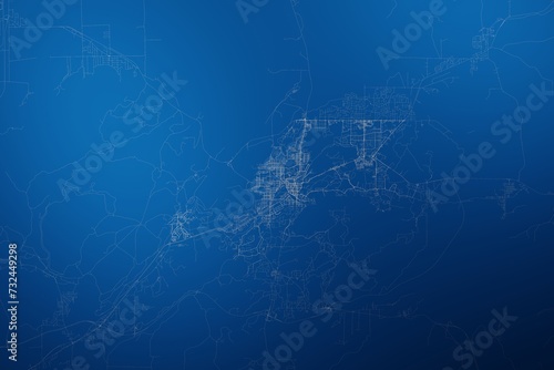 Stylized map of the streets of Sudbury (Canada) made with white lines on abstract blue background lit by two lights. Top view. 3d render, illustration photo