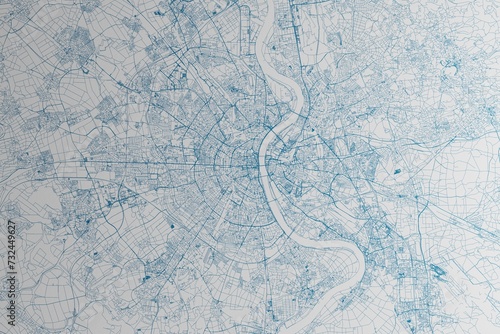 Map of the streets of Cologne (Germany) made with blue lines on white paper. 3d render, illustration photo
