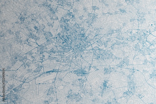 Map of the streets of Frankfurt (Germany) made with blue lines on white paper. 3d render, illustration