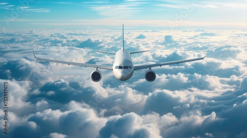 Commercial airplane fly sky above cities. Passenger plane flight. Aircraft cruising high altitude. Business jet propelling forward. Fluffy white cumulus clouds. Travel destination rount. Vacation trip
