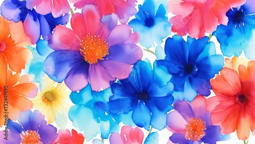 Elegant artistic watercolor illustration featuring a swath of blue and pink flowers with splashes of orange, suitable for springtime or Mother's Day themes. Illustration, AI Generated photo