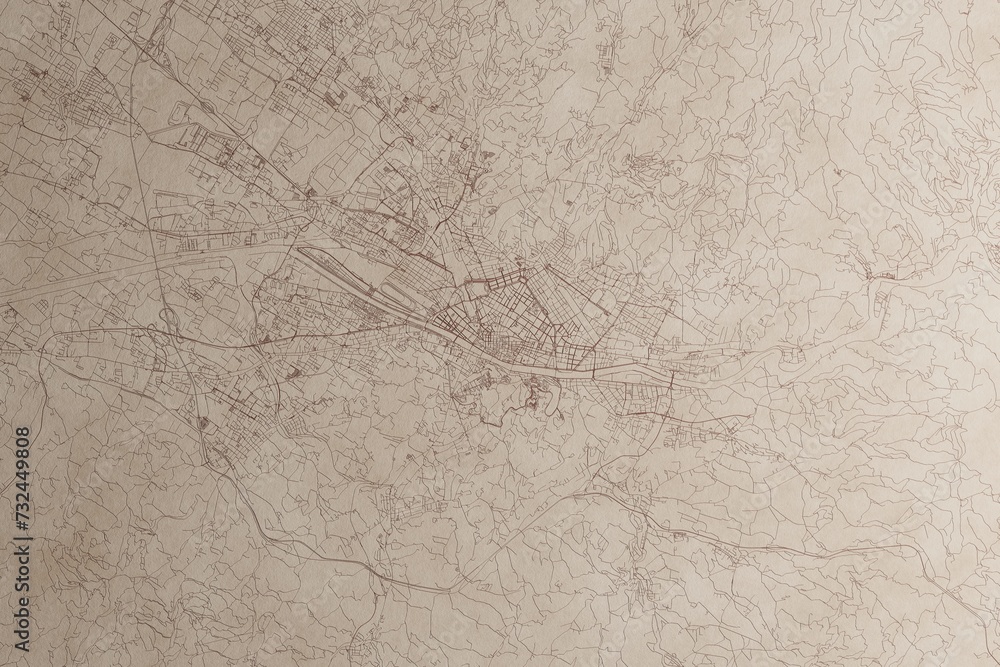 Obraz premium Map of Florence (Italy) on an old vintage sheet of paper. Retro style grunge paper with light coming from right. 3d render