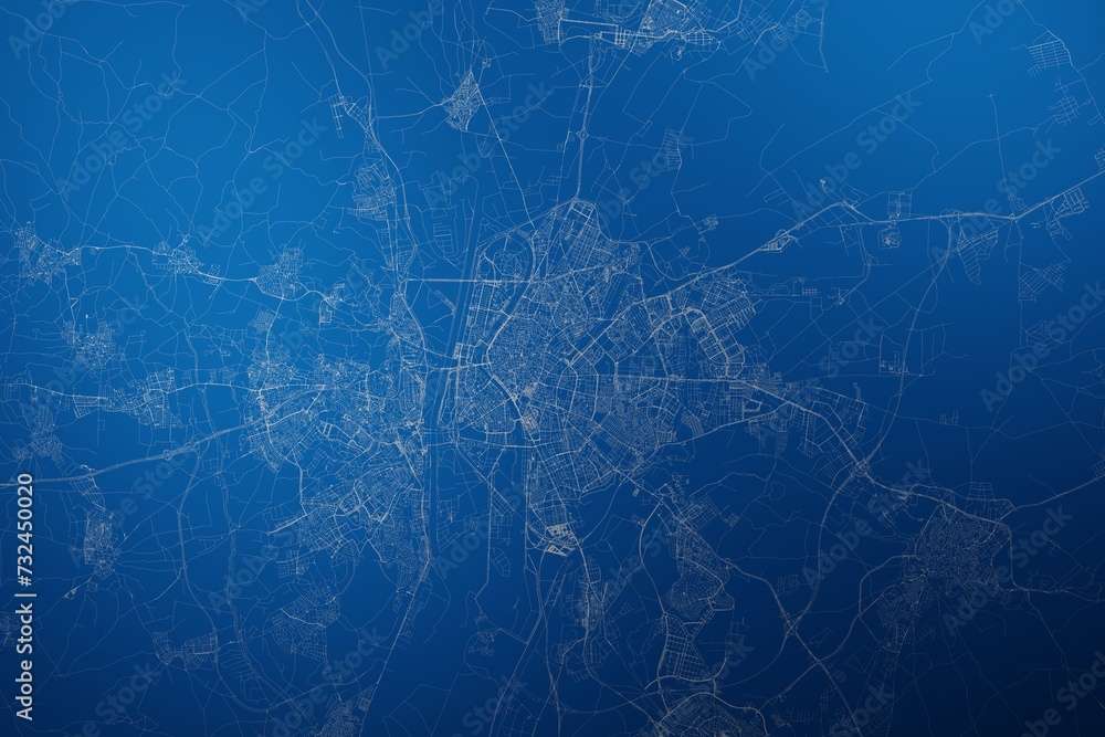 Stylized map of the streets of Seville (Spain) made with white lines on abstract blue background lit by two lights. Top view. 3d render, illustration - obrazy, fototapety, plakaty 