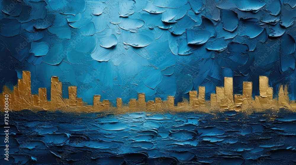 Fototapeta premium Generative AI, Blue and golden painted cityscape, impasto textured style, dark landscape with sun