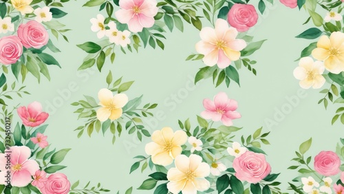 Abstract watercolor green background with plants and flowers. Pastel green wallpaper. Illustration, AI Generated © LoFi J.