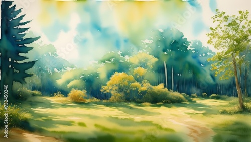 An abstract watercolor interpretation of a forest  with layered washes of green  blue  and earthy tones creating depth and texture. Illustration  AI Generated