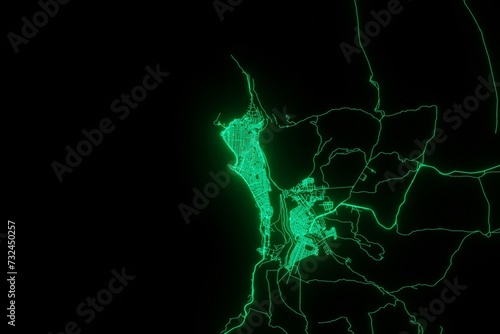 Map of the streets of Iquique (Chile) made with green illumination and glow effect. Top view on roads network. 3d render, illustration