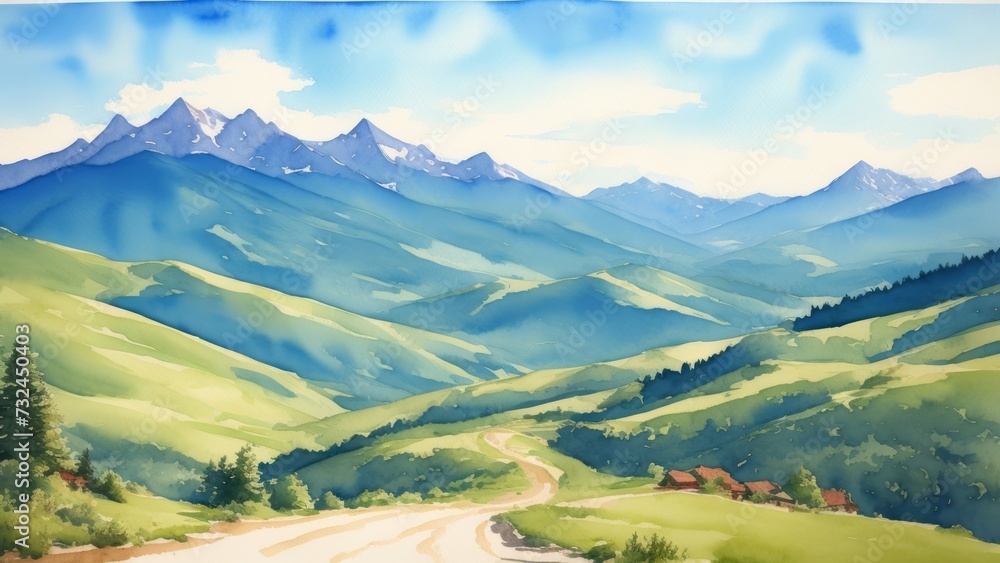 hand drawn watercolor mountain landscape. Illustration, AI Generated